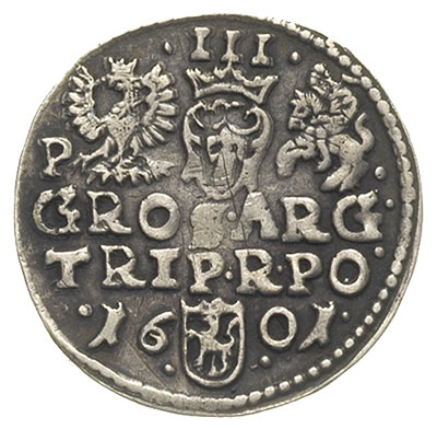 trojak 1601, Poznań, odmiana z obwódką przy popiersiu, Iger P.01.1.a (R7), ciemna patyna, bardzo rzadka moneta z aukcji PDA