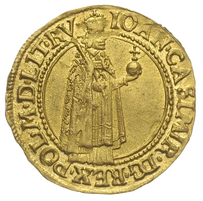 dukat 1649, Kraków, Aw; Król w całej postaci w s