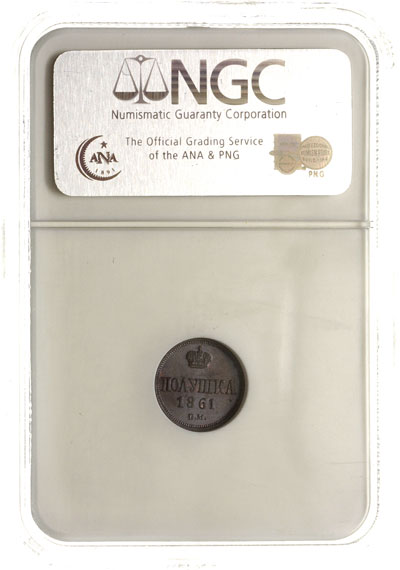 połuszka 1861, Warszawa, moneta w pudełku NGC z certyfikatem MS 65 BN, wyśmienity egzemplarz, patyna
