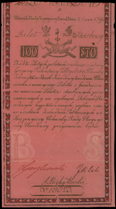 100 złotych 8.06.1794, seria B, Miłczak A5, Lucow 34a (R4), bardzo ładnie zachowane, dość rzadkie w tym stanie zachowania