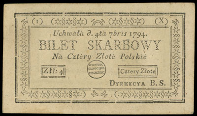 4 złote polskie 4.09.1794, seria 1-X, Miłczak A1
