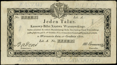 1 talar 1.12.1810, podpis komisarza Badeni, na stronie odwrotnej stempel Centralnej Komisji Likwidacyjnej, Miłczak A12ba, Lucow 51 (R2)