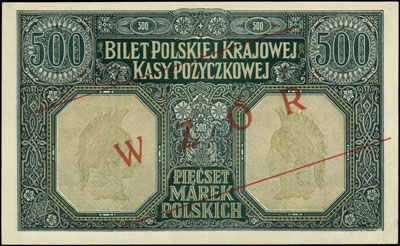 500 marek polskich 15.01.1919, WZÓR, bez oznaczenia serii i numeracji, Miłczak 17, Lucow 311 (R8), wzór pierwszego banknotu po odzyskaniu niepodległości, ogromna rzadkość, wyśmienicie zachowane