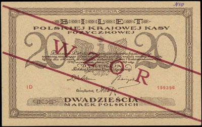20 marek polskich 17.05.1919, WZÓR, seria ID, Miłczak 21d, Lucow 332 (R5) - nie notuje tej serii, napis tuszem na górnym marginesie, bardzo ładnie zachowane