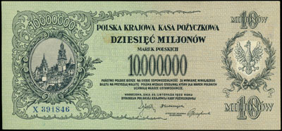 10.000.000 marek polskich 20.11.1923, seria X, numeracja sześciocyfrowa, Miłczak 39a - nie notuje tej serii, Lucow 458 (R5) - nie notuje tej serii, ślady po podlepkach i ich odrywaniu na stronie odwrotnej, duża rzadkość