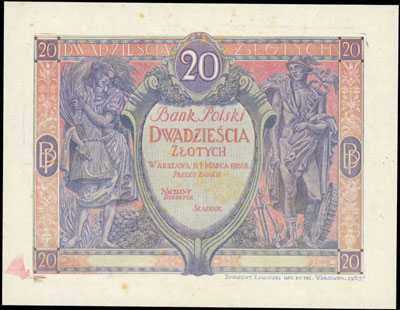jednostronny próbny druk banknotu 20 złotych emi