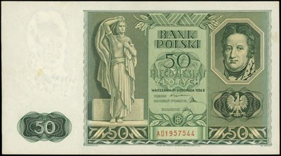 50 złotych 11.11.1936, seria AD 1957544, Miłczak 77a, Lucow 689 (R7), minimalne plamki, bardzo ładnie zachowane jak na ten rzadki typ banknotu
