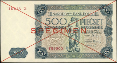 500 złotych 15.07.1947, SPECIMEN, seria X 789000, Miłczak 132a, wyśmienite