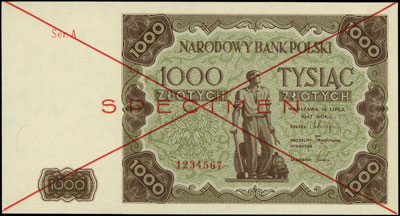 1.000 złotych 15.07.1947, SPECIMEN, seria A 1234567, Miłczak 133a, piękne