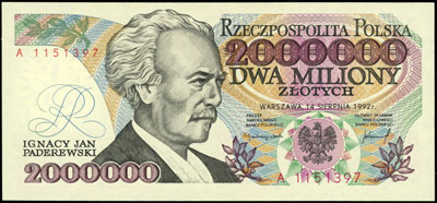 2.000.000 złotych 14.08.1992, seria A, druk z błędem \Sejm Konstytucyjy\" na stronie odwrotnej