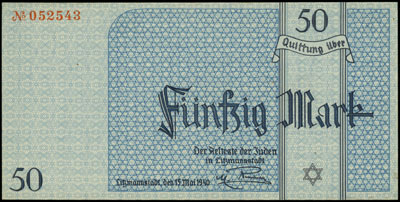 50 marek 15.05.1940, papier ze znakiem wodnym, Miłczak Ł7b, Lucow 868 (R6), wyśmienity stan, bardzo rzadkie w tym stanie zachowania
