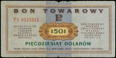 Bony Towarowe PEKAO SA, 2 x 50 dolarów 1.10.1969, serie FI, Miłczak B22b, naderwania na zgięciach, razem 2 sztuki