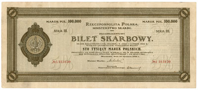 Ministerstwo Skarbu, 5% bilet skarbowy na 100.000 marek polskich, Warszawa 10.01.1922, seria III, niewielka dziurka po szpilce