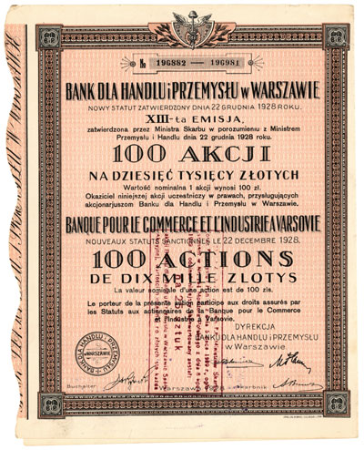 Bank dla Handlu i Przemysłu w Warszawie, 100 akcji po 100 złotych = 10.000 złotych, Warszawa 22.12.1928, 13. emisja, 10 kuponów, ostemplowane