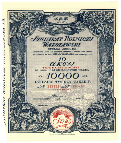 Syndykat Rolniczy Warszawski S. A., 10 akcji po 1.000 marek polskich = 10.000 marek polskich, Warszawa 1923, 3 emisja, 8 kuponów