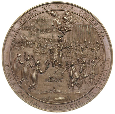 Władysław IV Waza, medal sygnowany S.D. (Sebastian Dadler) wybity w 1636 r. dla upamiętnienia uwolnienia Smoleńska z oblężenia Moskali, zawarcia pokoju z Turcją w 1636 r. oraz podpisania rozejmu ze Szwecją w Sztumskiej Wsi w 1635 r., Aw: Władysław IV przyjmuje kapitulację armii moskiewskiej, w tyle Smoleńsk i obóz wojskowy, Rw: Król w towarzystwie armii przyjmuje poselstwa tureckie i szwedzkie, nad głową króla aniołek z wieńcem i gałązką palmową, wokół napis: ET BELLO ETPACE COLENDVS TVRCAE PACEM FERENTES ET SVECI (godni szacunku zarówno w wojnie jak i pokoju Turcy i Szwedzi ofiarują pokój), brąz 133.27 g, 80 mm, H-Cz.1766 (R5), Racz.113, Maue 38, jeden z najbardziej efektownych medali XVII-wiecznych z ładną patyną, w brązie bardzo rzadki, znany tylko w muzeach w Petersburgu i Wiedniu