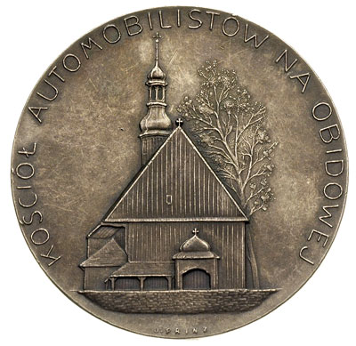 jednostronny medal sygnowany J. PRINZ -Kościół Automobilistów na Obidowej wybity ok. 1930 r., brąz srebrzony 50 mm, patyna