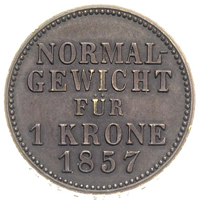 odważnik 1 korony 1857, Aw: Wieniec z liści dębowych, wewnątrz dwie punce: orzeł pruski oraz N.E.C., Rw: Napis poziomo NORMAL / GEWICHT / FÜR / 1 KRONE / 1857, na obrzeżu napis NORM.EICH.COMMISSION, brąz 11.10 g, pięknie zachowane, patyna