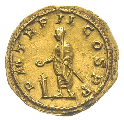 aureus 240, Rzym, Aw: Popiersie cesarza w wieńcu laurowym w prawo, IMP CAES M ANT GORDIANVS AVG, Rw: Gordian w todze stojący w lewo, trzymający różdżkę oraz paterę nad płonącym ołtarzem, P M TR P II COS P P, złoto 4.98 g, RIC 43, Calico 3216, ciekawa i ładnie zachowana moneta