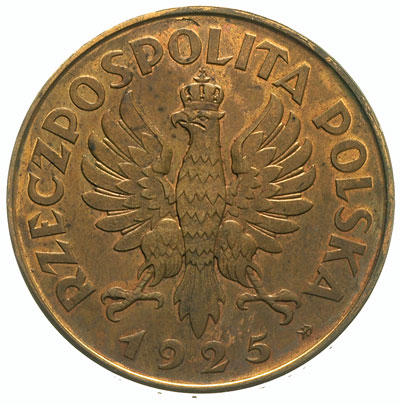 5 złotych 1925, Konstytucja, odmiana z 81 perełkami, znak menniczy po dacie, tombak 21,28 g, Parchimowicz 139.a, wybito 100 sztuk, piękny egzemplarz, patyna