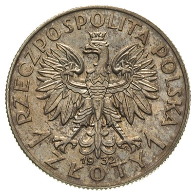 1 złoty 1932, Głowa kobiety, na rewersie wypukły PRÓBA, srebro 3.43 g, Parchimowicz P-131.a, wybito 120 sztuk, rzadka