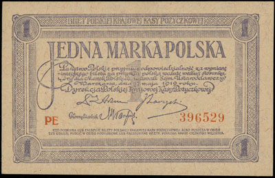 1 marka polska 17.05.1919, seria PE, Miłczak 19a, Lucow 324 (R1), pięknie zachowane