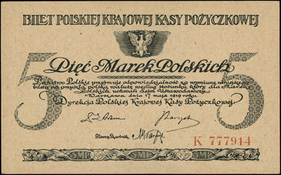 5 marek polskich 17.05.1919, seria K, Miłczak 20b, Lucow 328 (R2), piękne