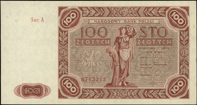 100 złotych 15.07.1947, seria A, Miłczak 131a, Lucow 1222 (R4), pięknie zachowane, ale lekko poplamiony papier