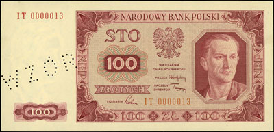 100 złotych 1.07.1948, seria IT 0000013, WZÓR Ja