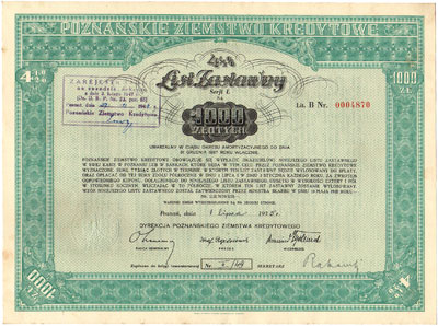 Poznańskie Ziemstwo Kredytowe, 4 1/2 %  list zastawny na 1.000 złotych 1.07.1935, Poznań, seria L, z dołączonym arkuszem z talonem i 22 kuponami