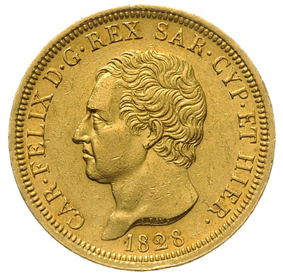 80 lirów 1828, Turyn, złoto 25.82 g, Fr. 1132, P