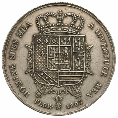 1 1/2 francescone (dena) 1807, Florencja, srebro 39.31 g, Dav. 152, Pagani 27, CNI XII/459/29, poprawiane tło