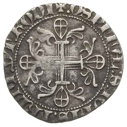 RODOS, Zakon Joanitów, Dieudonné of Gozo 1346-1353, gigliato, Aw: Zakonnik klęczący w lewo przed krzyżem na trójstopniowym podeście, + FR DEODAT [DE GOSONI] GRA MGR, Rw: Krzyż pięcionitkowy, zakończony tarczami i ozdobnikami, + OSPITAT S IOhIS IRLNI DT RODI, srebro 3.40 g, Metcalf 837, Schlumberger IX/19, patyna