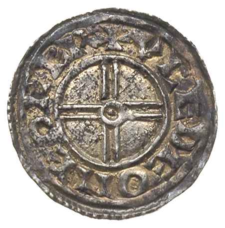 Knut 1016-1035, denar, Aw: Popiersie w czepcu z berłem w lewo, Rw: Krótki dwunitkowy krzyż z kółkiem w środku, srebro 1.14 g, Spink 1159, patyna
