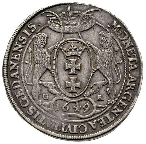 talar 1649, Gdańsk, 28.79 g, Dav. 4358, T. 7, na awersie rysa, ale ładnie zachowany egzemplarz, patyna