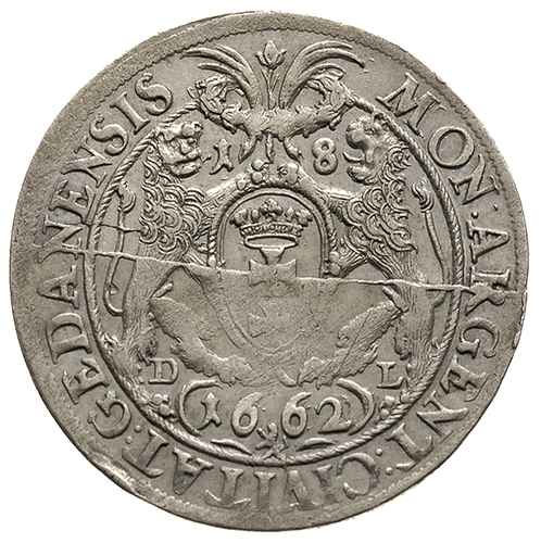 ort 1662, Gdańsk, T. 2, rewers wybity uszkodzonym stemplem, ale ładnie zachowany -szczególnie portret króla