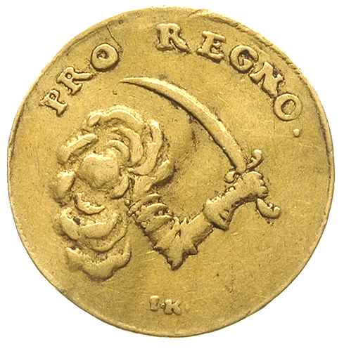 dukat koronacyjny 1697, Drezno, Aw: Napis pod koroną i gałązkami palmowymi, Rw: Ręka z szablą i napis: PRO REGNO, złoto 3.41 g, Kahnt 247, Fr. 2830, lekko gięty, stara patyna