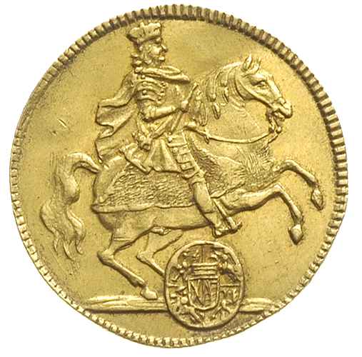 dukat wikariacki 1711, Drezno, Aw: Król na koniu, Rw: Dwa stoły z insygniami, złoto 3.48 g, Kahnt 281, Fr. 2822, ładnie zachowany