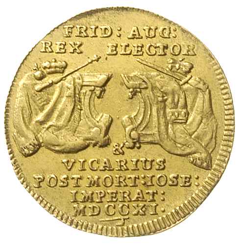 dukat wikariacki 1711, Drezno, Aw: Król na koniu, Rw: Dwa stoły z insygniami, złoto 3.48 g, Kahnt 281, Fr. 2822, ładnie zachowany