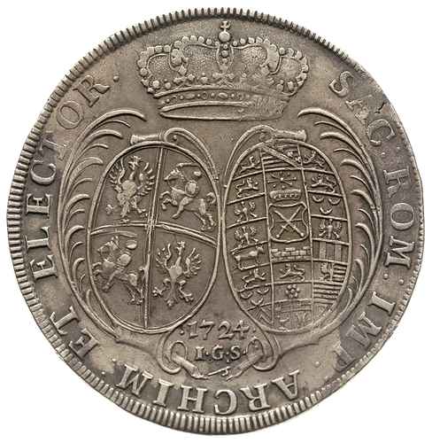 talar 1724, Drezno, Aw: Popiersie w prawo, Rw: Tarcze herbowe, 29.10 g, Schnee 1015, Kahnt 109