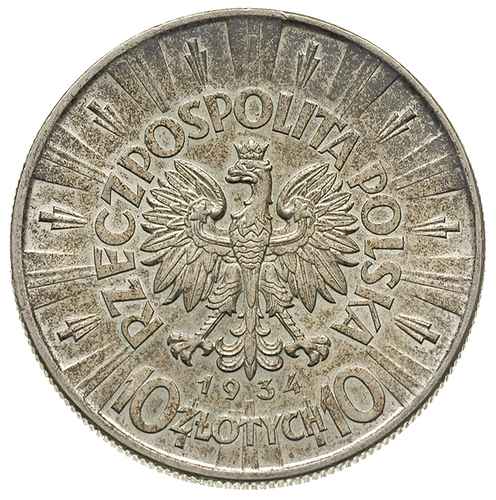 10 złotych 1934, Józef Piłsudski, Parchimowicz 124.a, rzadka moneta z blaskiem menniczym widocznym pod patyną