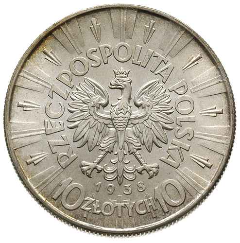 10 złotych 1938, Warszawa, Józef Piłsudski, Parchimowicz 124.e, rzadki rocznik w wyśmienitym stanie zachowania, delikatna patyna