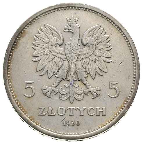 5 złotych 1930, Warszawa, Sztandar moneta wybita głębokim stemplem, srebro 17.94 g, Parchimowicz 115.b, rzadka, bardzo ładnie zachowana