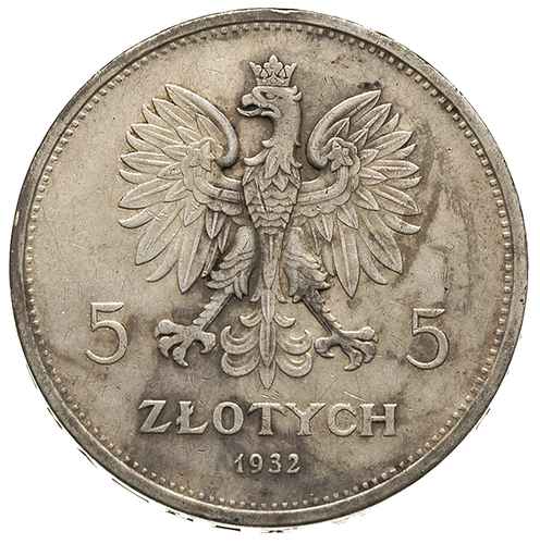 5 złotych 1932, Warszawa, Nike, Parchimowicz 114.e, bardzo rzadkie, miejscowa patyna