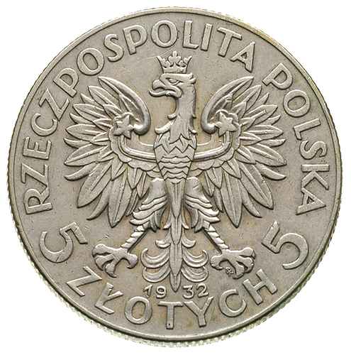5 złotych 1932, Warszawa, Głowa kobiety - ze znakiem mennicy, Parchimowicz 116.a, rzadkie