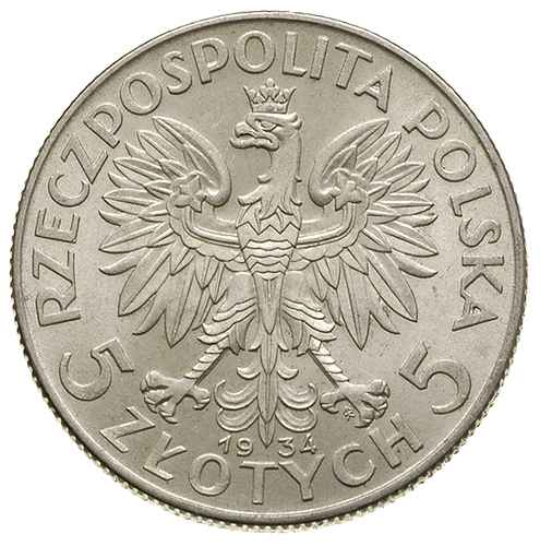 5 złotych 1934, Warszawa, Głowa kobiety, Parchimowicz 116.d, piękne