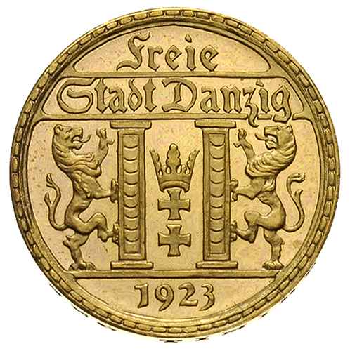25 guldenów 1923, Berlin, Posąg Neptuna, złoto 7,99 g, Parchimowicz 70.b, moneta wybita stemplem lustrzanym, bardzo rzadkie i ładnie zachowane