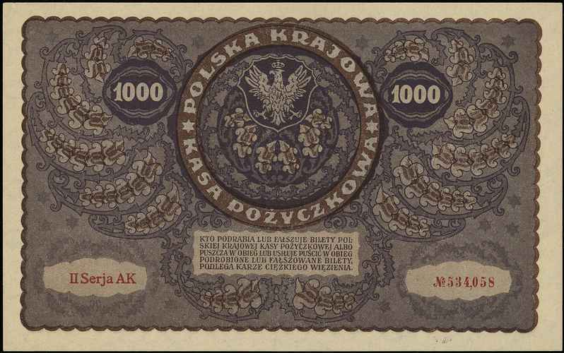 1.000 marek polskich 23.08.1919, II Serja AK, Miłczak 29d, Lucow 406 (R1), piękne