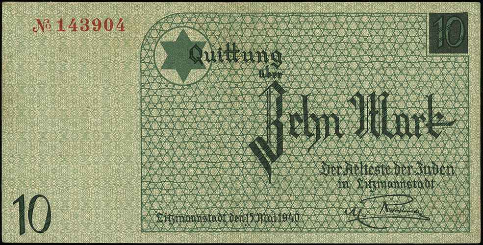 10 marek 15.05.1940, papier bez znaku wodnego, druk koloru zielonego, Miłczak Ł5e, Lucow 863 (R3)