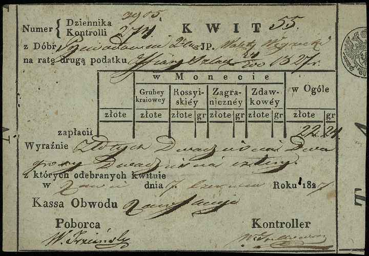 kwit z opłaty drugiej raty podatku ofiary szlacheckiej z 1827 r. na 22 złote i 24 grosze, dziurki po szpilkach na lewym marginesie